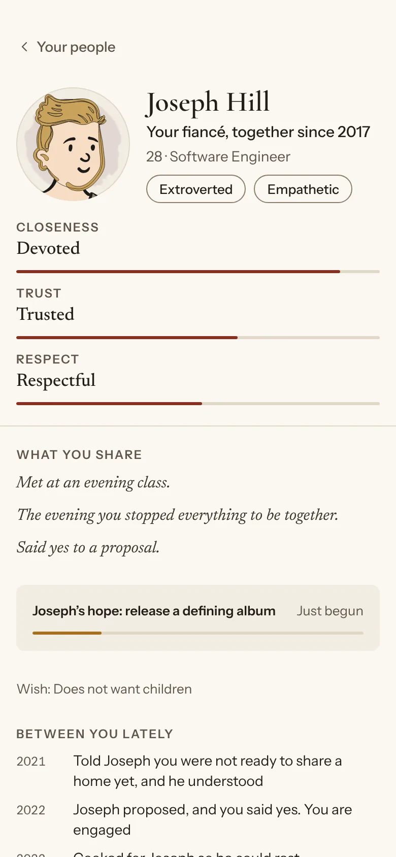 A person's page: Joseph, her fiancé since 2017. It shows closeness, trust and respect, what the two of them share, his own hope, and what has happened between them lately.